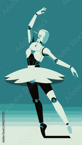 A robot dancer gracefully executes a ballet pose with one arm extended and a leg lifted. The design features a minimalist aesthetic using shades of teal, black, and white, emphasizing the elegance of 