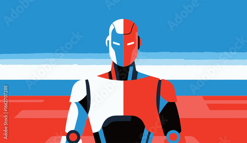 A striking digital artwork features a futuristic robot design with a bold color palette of red, blue, and white. The robot stands tall against a vivid background, symbolizing technological progress an