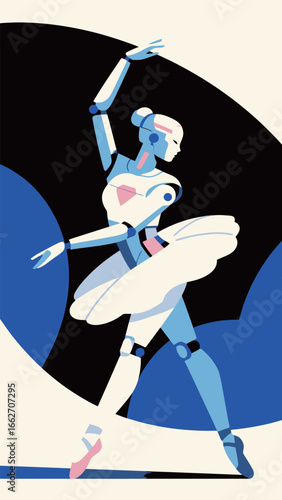 A futuristic robot dancer showcases elegance and poise in a ballet performance, adorned in a flowing white tutu. Set against a simple yet striking backdrop, this artistic representation highlights the