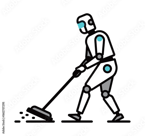 A humanoid robot engages in cleaning tasks, utilizing a sleek design and efficient movement. Its functionality reflects advancements in technology aimed at enhancing cleanliness and productivity in mo