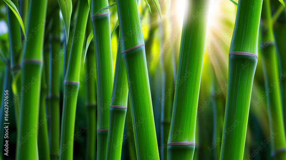 Obraz premium Close-up of fresh green bamboo stalks with sunlight shining through background. 