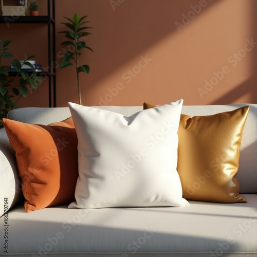 Pillow mockup arrangement of three decorative cushions on a white sofa against a warm colored interior wall