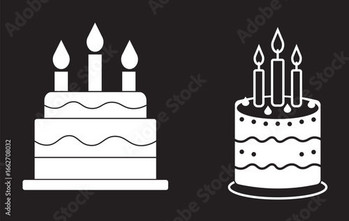 Birthday cake icon with candles, celebration vector on white background.A modern birthday cake icon featuring candles is set against a white background to signify celebration