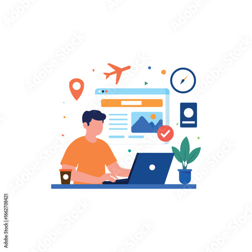 Man Planning Travel Online on Laptop