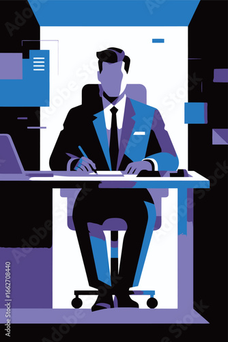 A business professional in formal attire sits at a modern desk, concentrating on tasks in a well-designed office setting. The colorful background and stylish furnishings highlight a blend of creativit