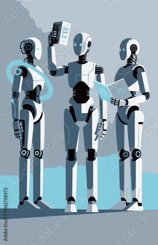Three humanoid robots stand in a modern office environment. One robot is holding up a paper, while the others are examining their own documents.