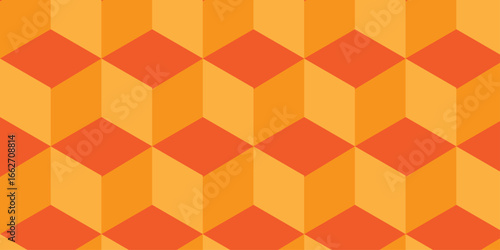 orang and red geometric cube creative concept triangle overlap square technology background. digital cubes fabric and wallpaper grid block texture background.	