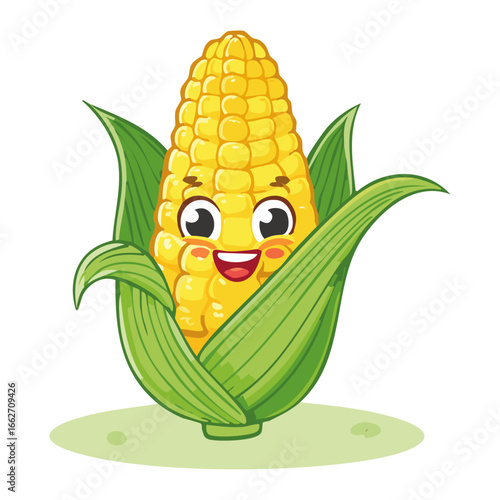 Cute corn character vector illustration. Image of cereal character with leaves for packaging and design.
