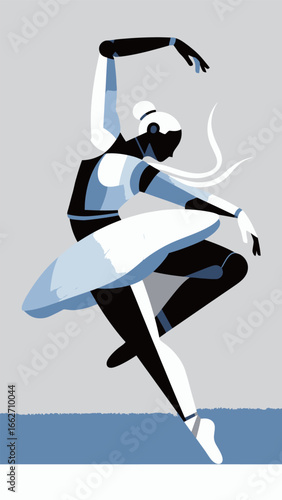 A talented dancer executes a stunning ballet pose, embodying grace and strength. The focus is on her elaborate movement and posture, highlighted through simple and bold art styles, capturing beauty in