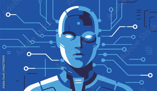 A striking representation of a humanoid robot with a serene expression, illuminated in blue tones. Surrounding the figure are intricate digital circuits, symbolizing advanced technology and artificial