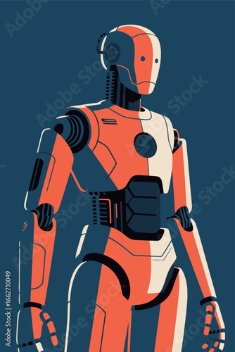 A striking humanoid robot with an orange and white exterior stands confidently against a dark blue background.