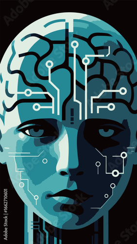 An artistic interpretation of a humanoid figure with a patterned brain, integrating elements of circuitry and technology.