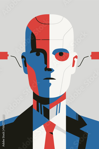 A humanoid figure features a striking split color scheme, combining vibrant red, white, and blue tones. The character wears a suit and appears to connect technology with humanity, encapsulating themes