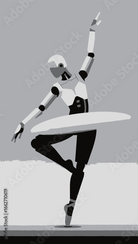 A figure in a stylized ballet pose showcases elegance and poise. The dancer is depicted in a black and white color scheme, emphasizing the lines and movement. The background remains unobtrusive, allow