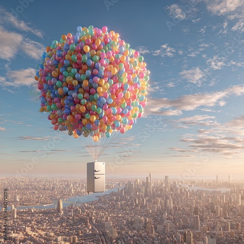 whimsical refrigerator soars above a modern metropolis: a stunning 8k poster perfect for creative spaces and sporty interiors, showcasing absurdity in photorealistic detail under dazzling sunlight.