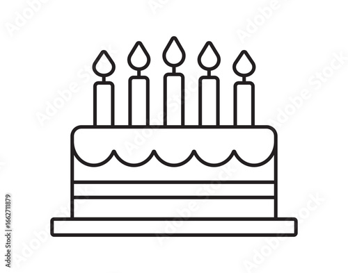 Birthday cake icon with candles, celebration vector on white background.A modern birthday cake icon featuring candles is set against a white background to signify celebration