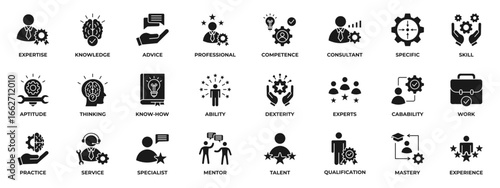 Expert solid icon set. Containing advice, competence, expertise, knowledge, skill, specialist, experience and more. Solid vector icons collection.