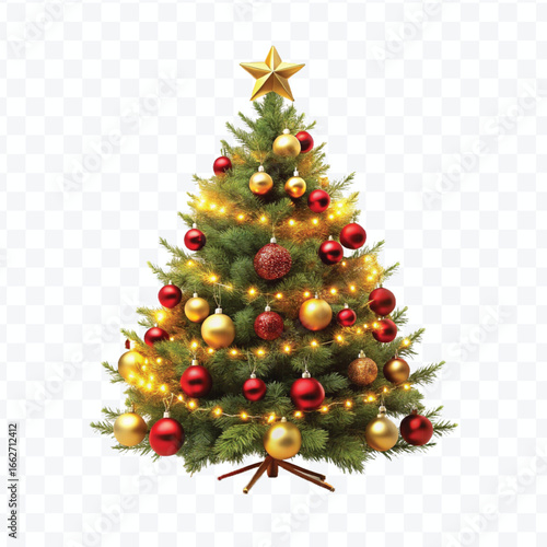 realistic 3d christmas tree with lights, red and gold christmas balls and stars isolated on white background