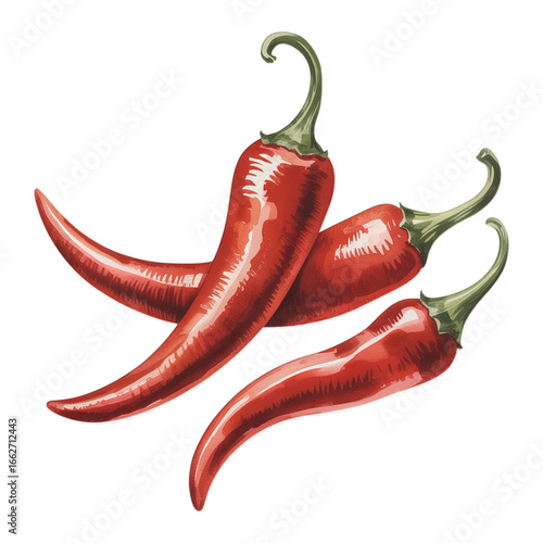 A watercolor illustration of three red chili peppers on black background