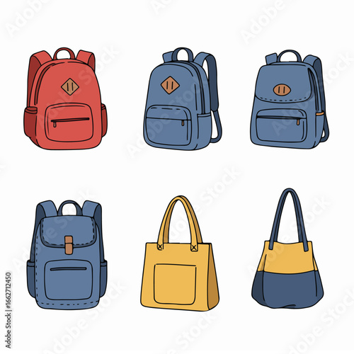 Stylish vector illustration set of colorful backpacks and casual tote bags, ideal for education, fashion, and leisure themes.