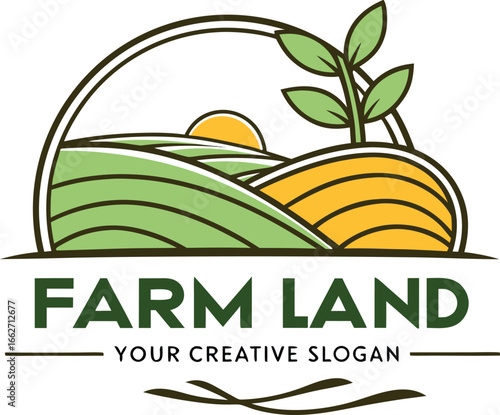 Vector of Farm land logo with rolling hills and sunrise symbolizing growth.