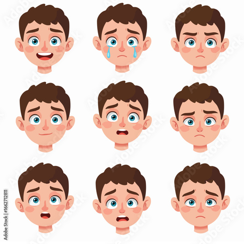 A comprehensive set of cartoon boy faces showcasing a wide range of emotions and facial expressions, from happy to sad, surprised, and worried.