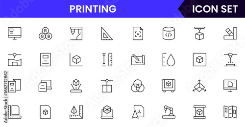 Printing vector line icons featuring printers, layered objects, smart materials, modeling, innovation, prototypes, and additive manufacturing tools.