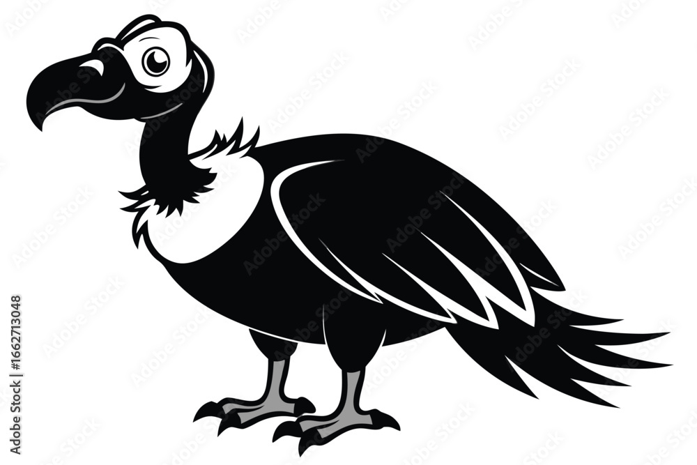Fototapeta premium Black and white cartoon vulture stands alert with glossy eyes, isolated on white