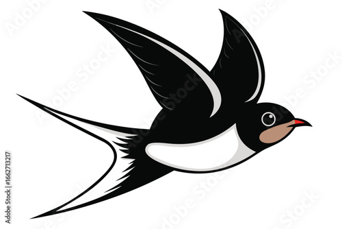 A cartoon black swallow with opened wings flies across a clean white background