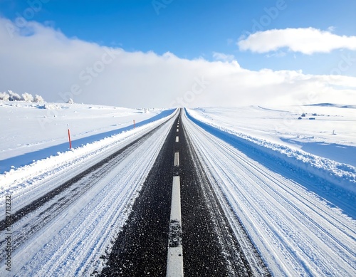 Snowy Road Stretching to Horizon, Iceland