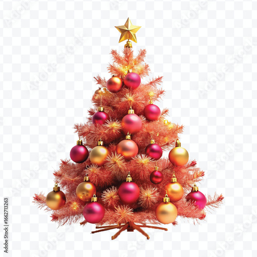 realistic 3d christmas tree with lights, red and gold christmas balls and stars isolated on white background