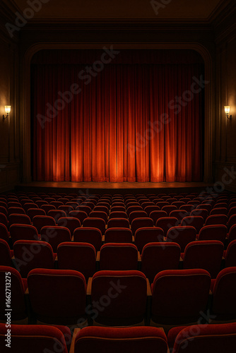 Classic indoor theater with red velvet curtains and matching rows of plush seats under warm lights

