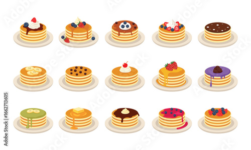 Pancakes on plate with toping vector graphic illustration set