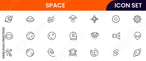 Space technology vector line icons featuring rockets, satellites, space stations, telescopes, planets, astronauts, orbits, launches, and cosmic exploration tools.