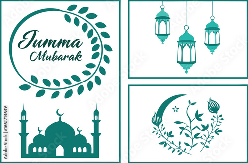 Vector of Jumma mubarak islamic design with mosque lanterns and floral crescent.