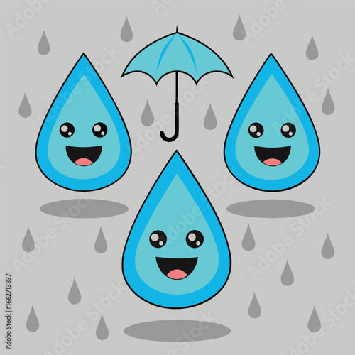 Happy water drop characters under a blue umbrella; cheerful cartoon illustration; playful, whimsical style; perfect for children's content, weather themes, or water conservation projects.
