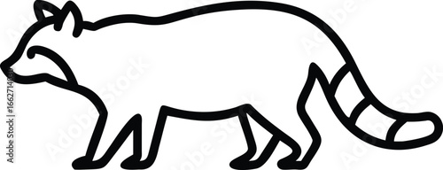 Black outline shows a raccoon with striped tail walking on white background