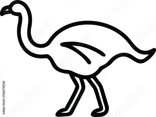 Black line art depicts an ostrich standing on a white background, alone