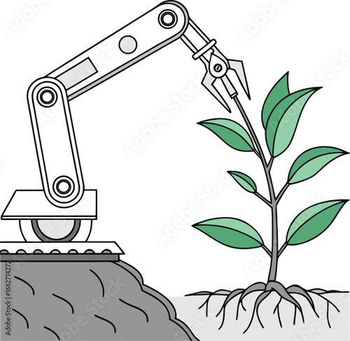Vector of Robotic arm tending to a healthy green plant in fertile soil.