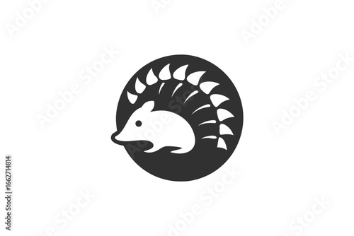 A white silhouette of a rodent appears inside a black circle shape