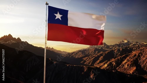Chilean Flag Waving Majestic Mountains Sunrise Golden Hour.