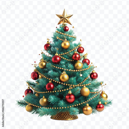 realistic 3d christmas tree with lights, red and gold christmas balls and stars isolated on white background