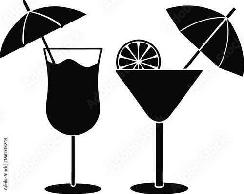 classic cocktails and refreshing drinks with umbrella silhouette vector