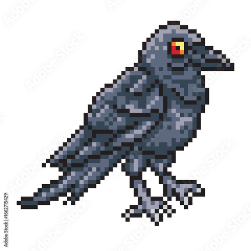 crow raven black bird in pixel art style on isolated white background