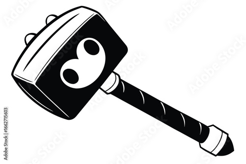 A strong cartoon mallet with a sturdy handle rests against a plain backdrop