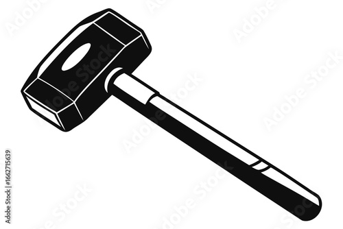 A monochrome sledgehammer with a robust head and strong handle is displayed here