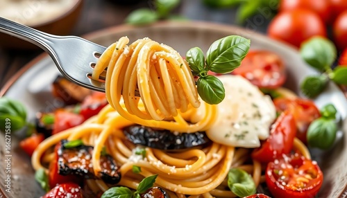 Fork twirling spaghetti with melted mozzarella, roasted aubergine, juicy tomatoes & fresh basil,  summer,  mediterranean