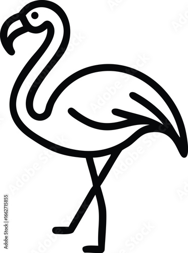 Black flamingo line art stands gracefully on a white background, minimalist style