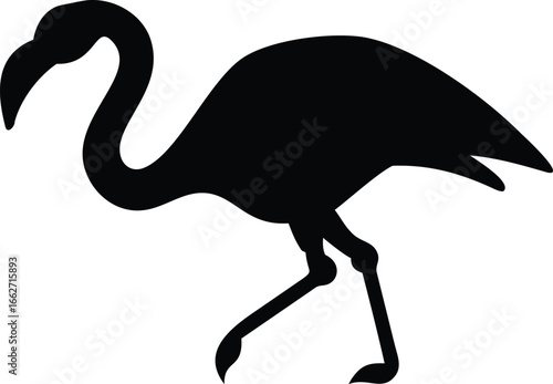 A black flamingo silhouette gracefully moves forward on a white background with elegance