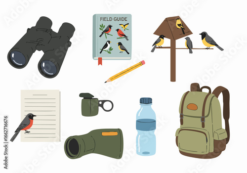 Collection of birdwatching essentials: binoculars, field guide, bird feeder with birds, backpack, and note-taking supplies for nature enthusiasts.